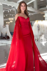 Red Prom Dress Sheath Long Off The Shoulder Formal Dress With Cape Sleeves