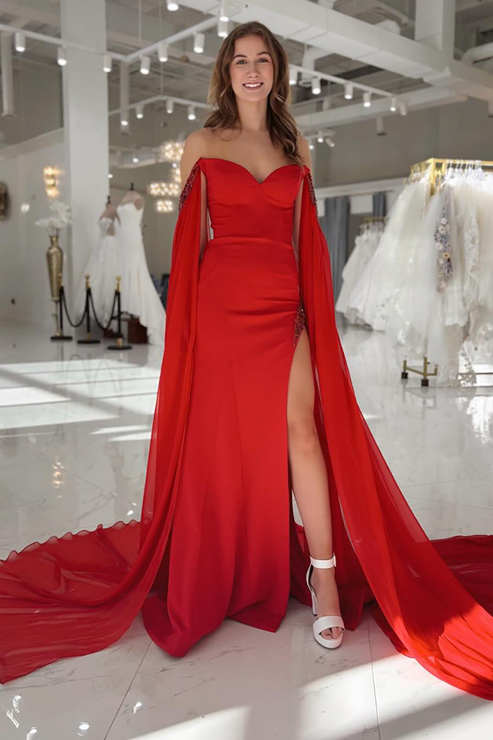 Red Prom Dress Sheath Long Off The Shoulder Formal Dress With Cape Sleeves