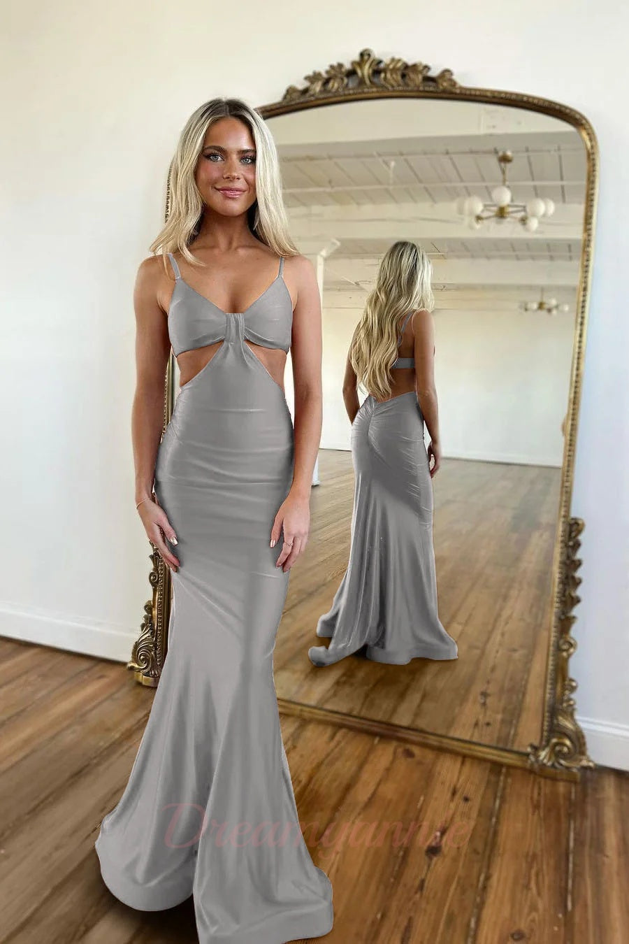 Red Prom Dress Spaghetti Straps Cut Out Long Evening Dress with Slit