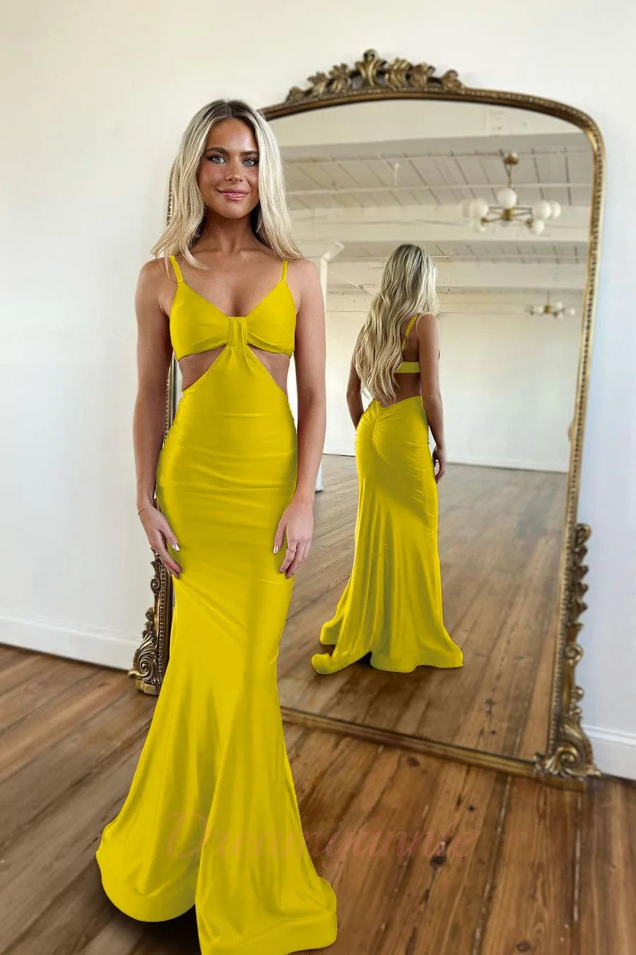 Red Prom Dress Spaghetti Straps Cut Out Long Evening Dress with Slit