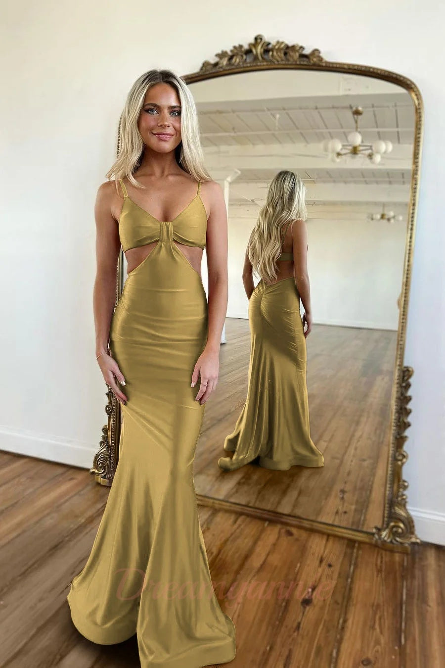 Red Prom Dress Spaghetti Straps Cut Out Long Evening Dress with Slit