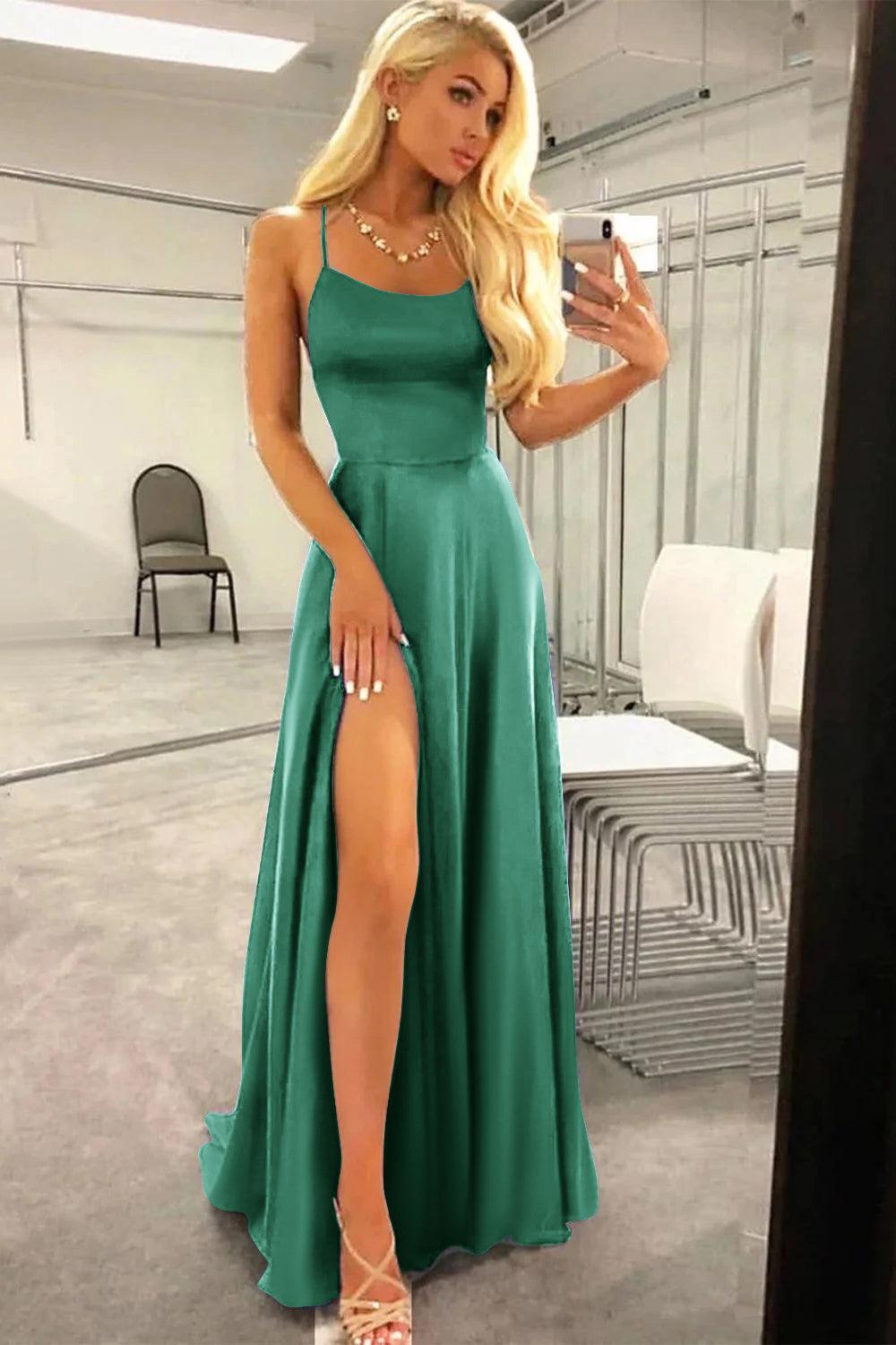 Green Prom Dress Spaghetti Straps Long Evening Dress with Slit
