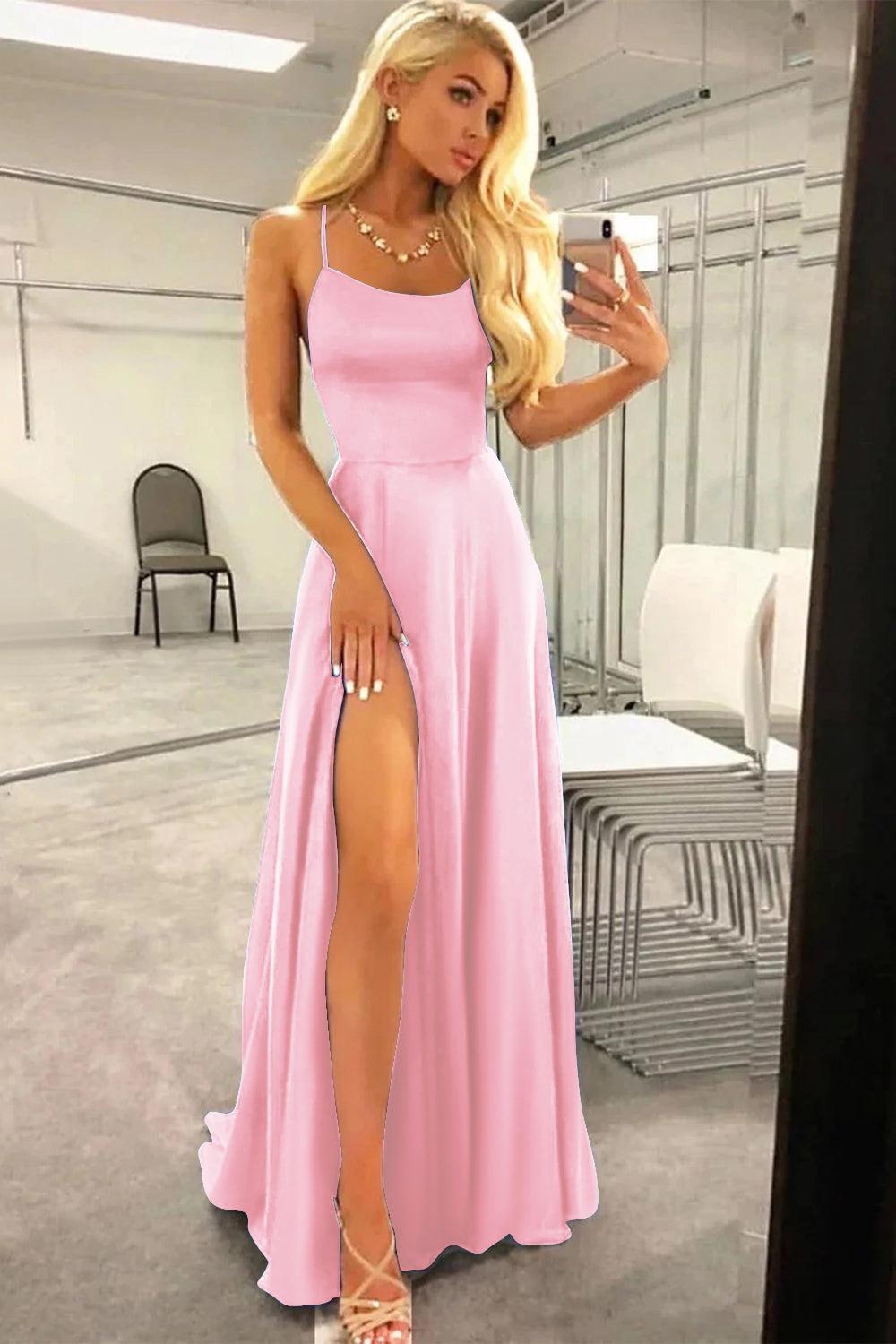 Green Prom Dress Spaghetti Straps Long Evening Dress with Slit