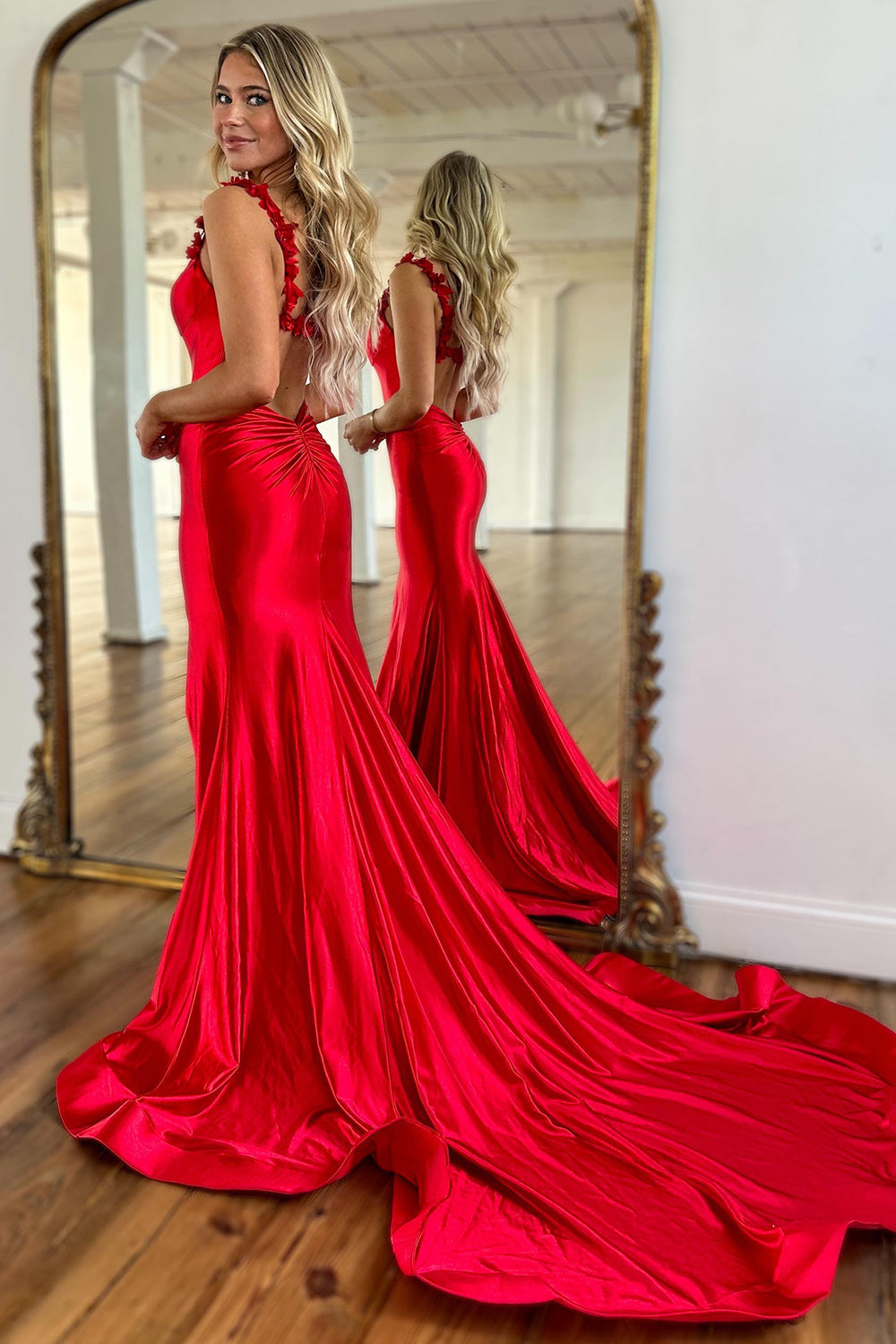 Red Prom Dress Spaghetti Straps Mermaid Satin Long Evening Dress with Slit