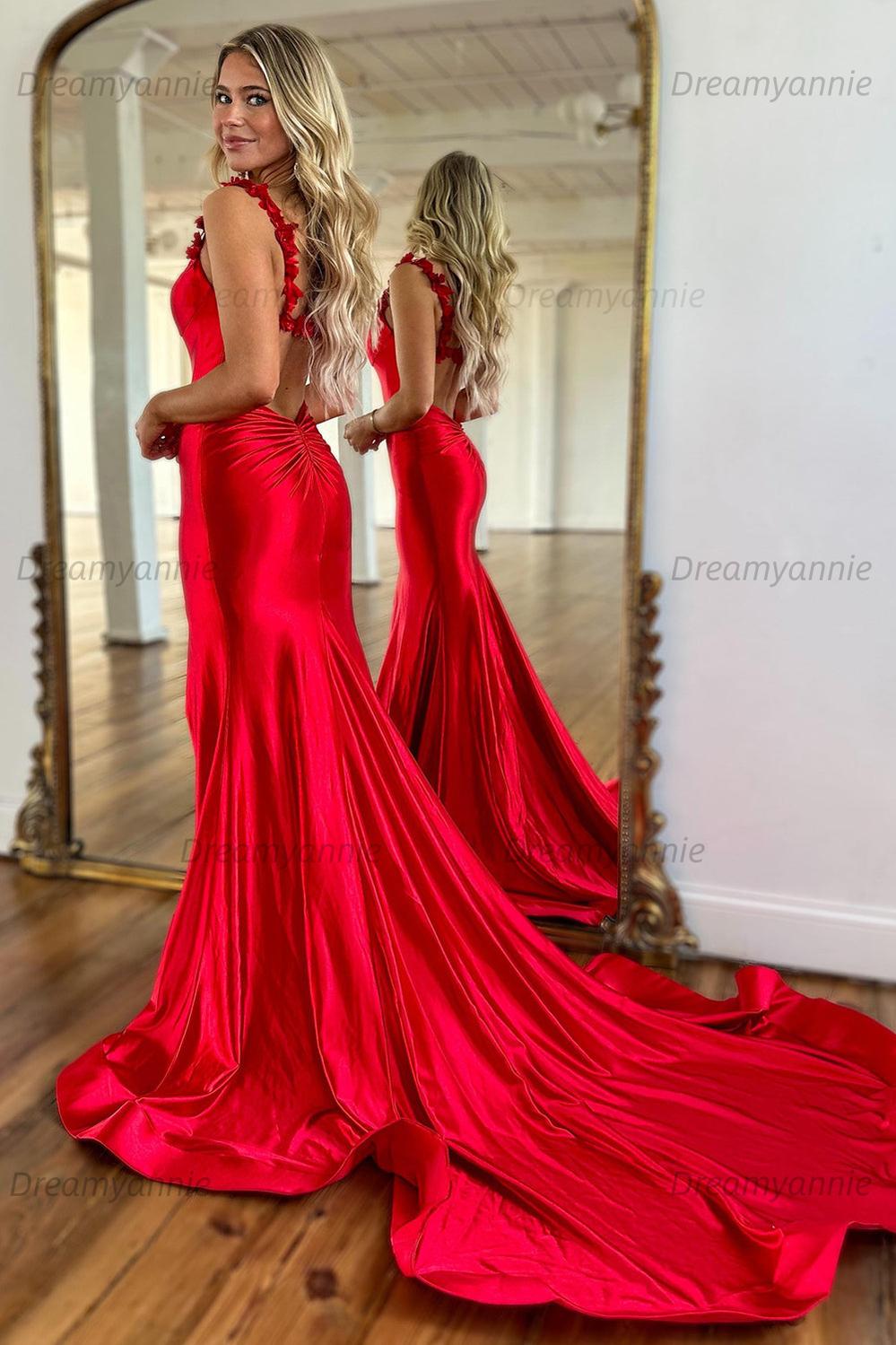 Red Prom Dress Spaghetti Straps Mermaid Satin Long Evening Dress with Dreamyannie UK Red Prom Dress Spaghetti Straps Mermaid Satin Long Evening Dress with Dreamyannie UK
