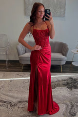 Red Prom Dress Spaghetti Straps Ruhed Long Lace Formal Dress With Appliques
