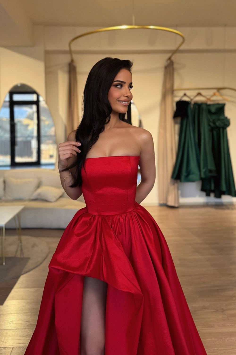 Red Prom Dress Strapless A Line Sleeveless Slit Ball Gown Chapel Train Satin Formal Dress
