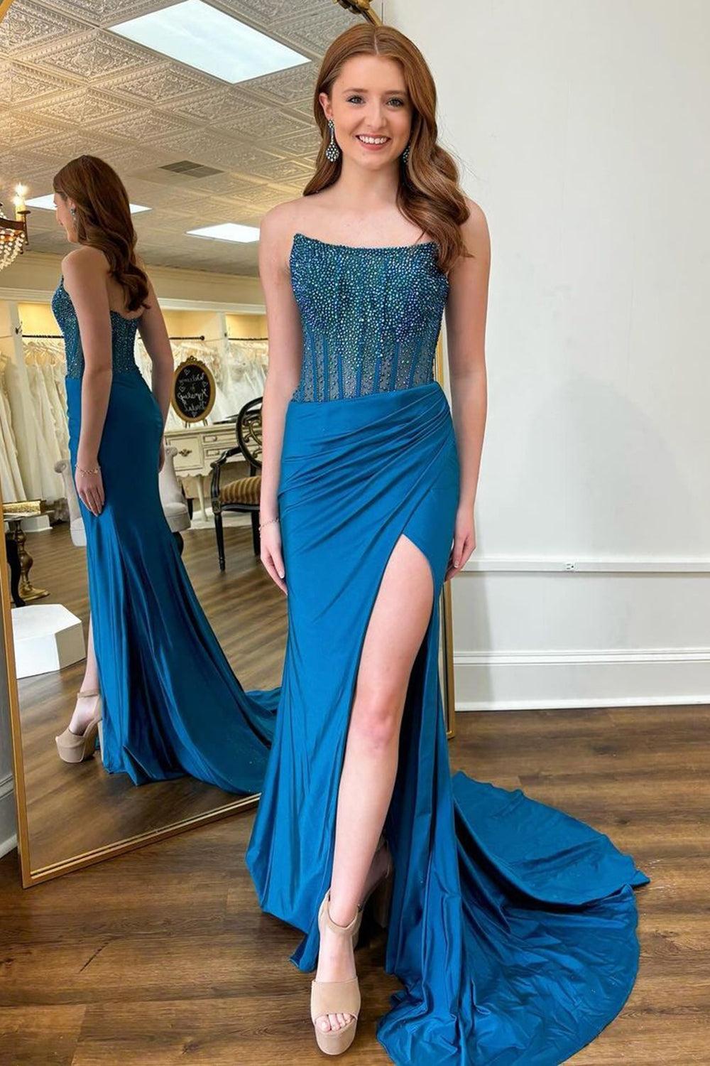 Red Prom Dress Strapless Corset Long Evening Dress with Slit