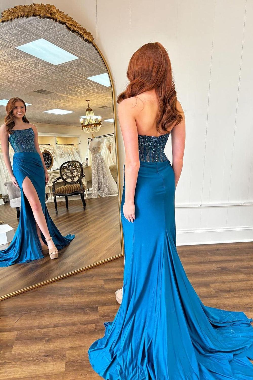 Red Prom Dress Strapless Corset Long Evening Dress with Slit