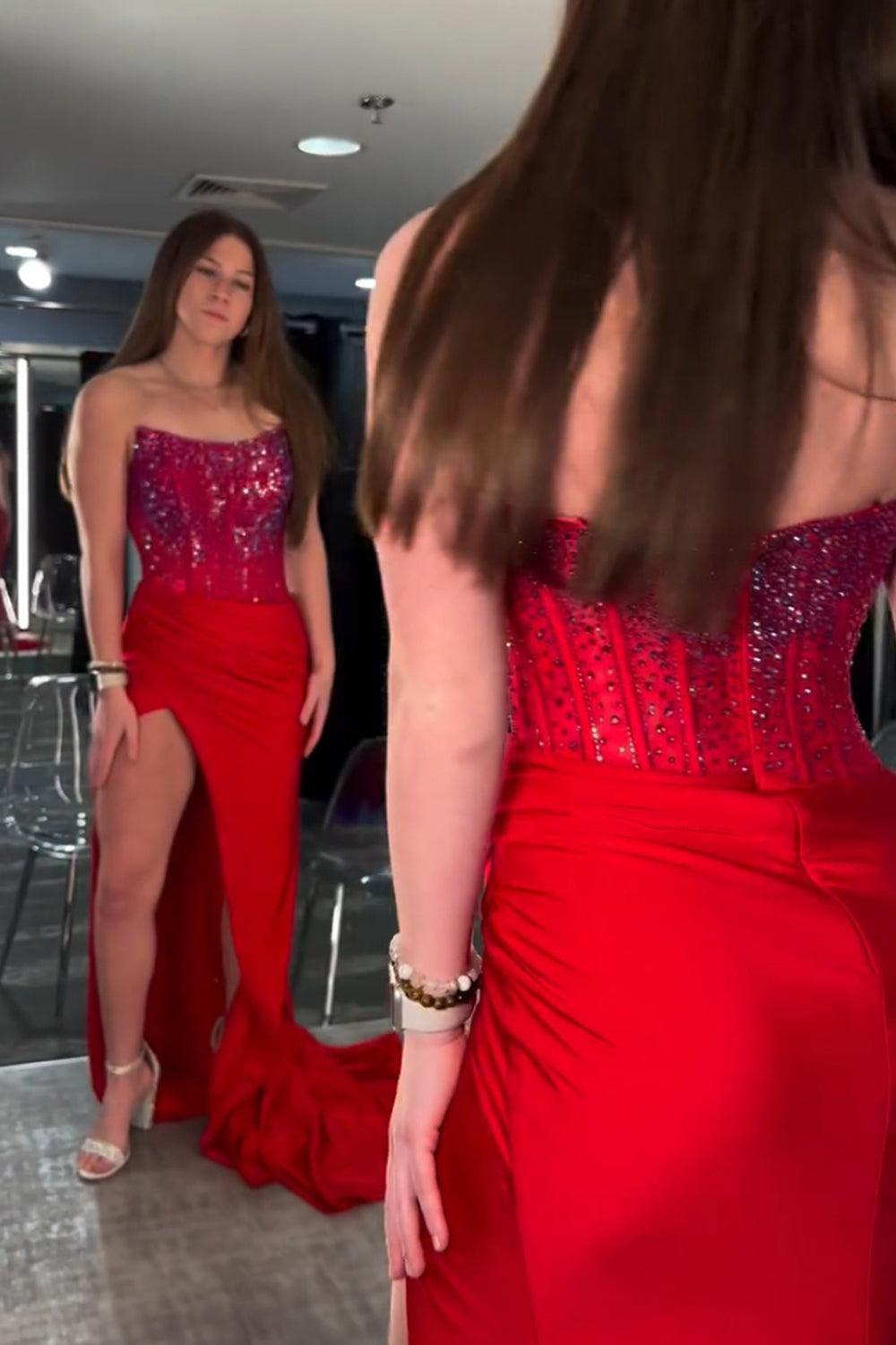 Red Prom Dress Strapless Corset Long Evening Dress with Slit