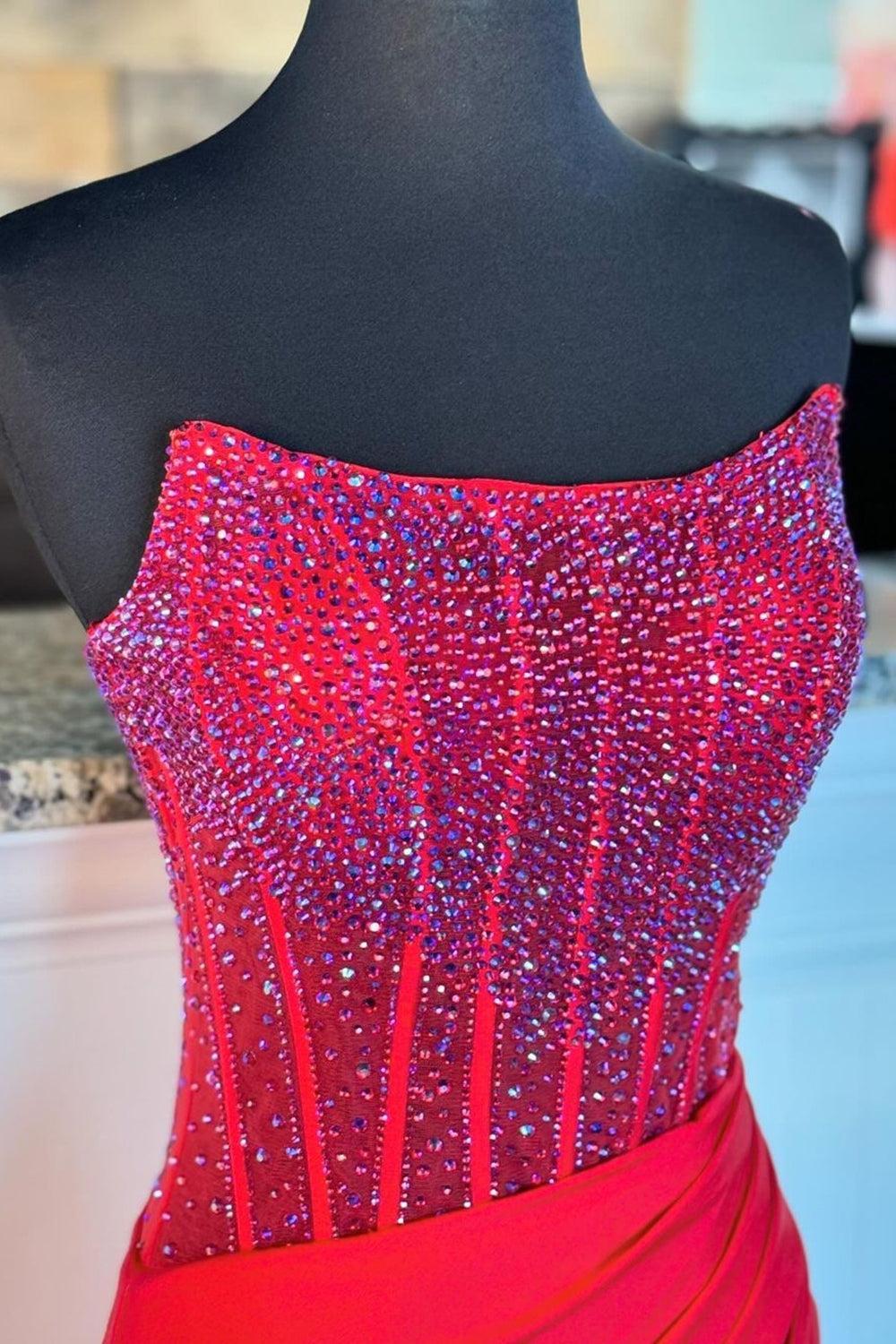 Red Prom Dress Strapless Corset Long Evening Dress with Slit