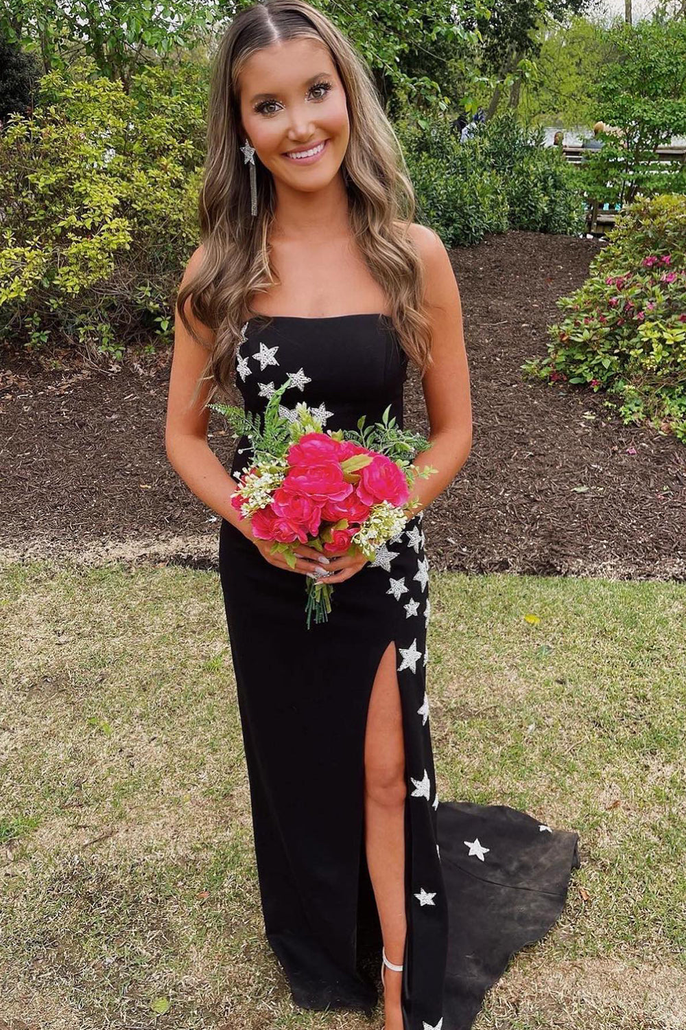 Red Prom Dress Strapless Mermaid Long Evening Dress with Stars