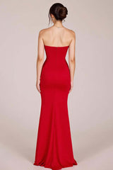 Red Prom Dress Strapless Ruched Sheath Long Formal Dress With Slit