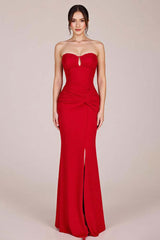 Red Prom Dress Strapless Ruched Sheath Long Formal Dress With Slit