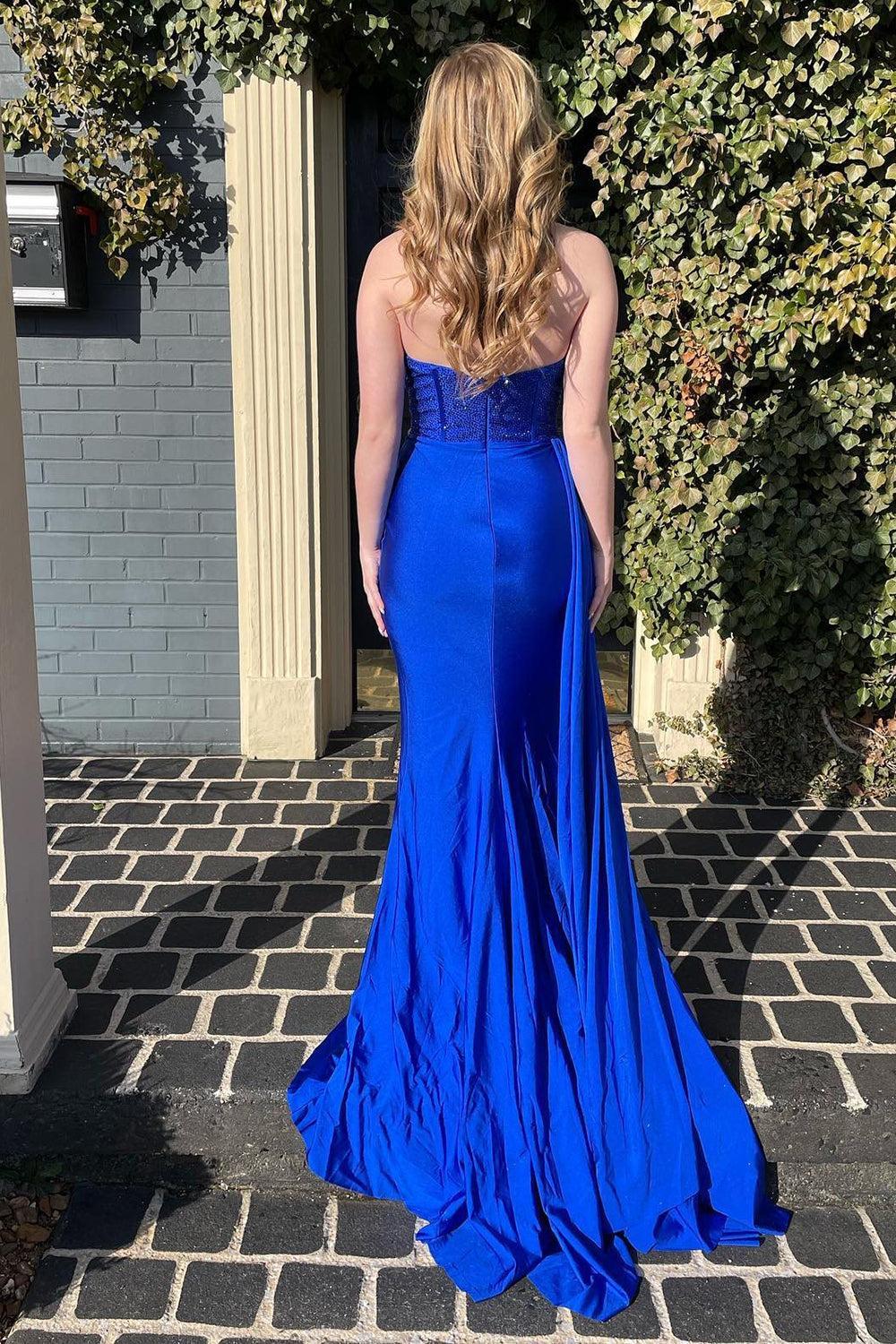 Red Prom Dress Strapless Sequined Evening Dress with Slit