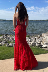 Red Prom Dress Sweetheart Lace Up Long Mermaid Evening Dress with Appliques