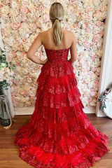 Red Prom Dress Tiered Ruched Sequins Mermaid Long Formal Dress With Slit