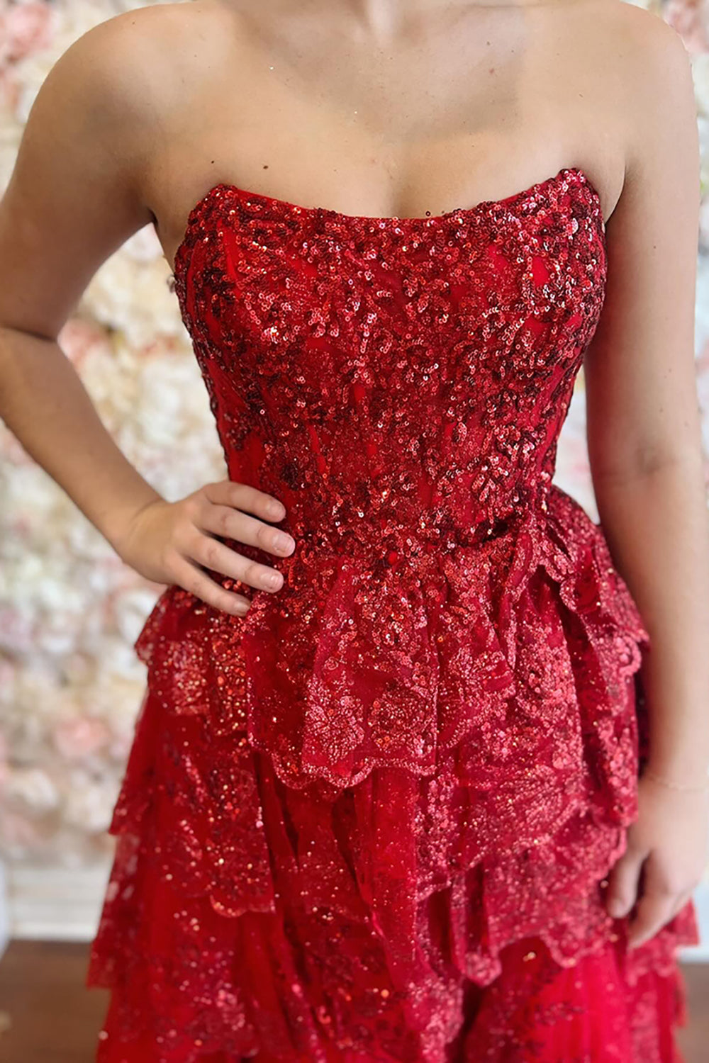 Red Prom Dress Tiered Ruched Sequins Mermaid Long Formal Dress With Slit