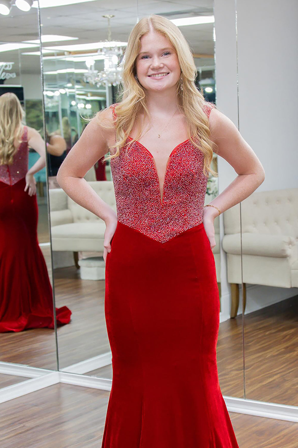 Red Prom Dress V-Neck Beaded Mermaid Velvet Mermaid Formal Dress