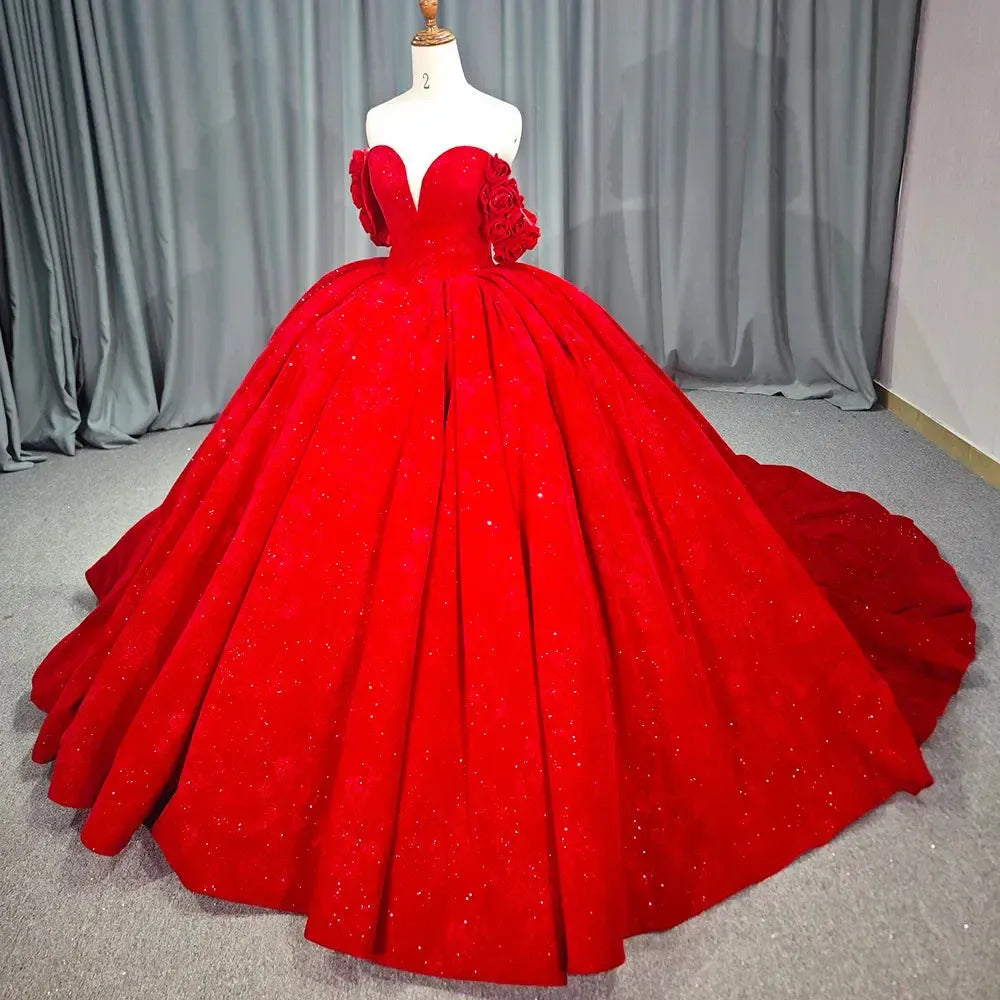 Red Quinceanera Dress Ball Gown V-Neck Lace Beading Short Sleeves Court Train Sweet 16 Party Dress
