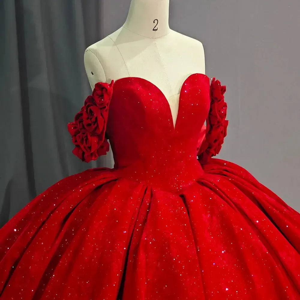Red Quinceanera Dress Ball Gown V-Neck Lace Beading Short Sleeves Court Train Sweet 16 Party Dress