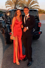 Red Spaghetti Strap Evening Dress with Slit