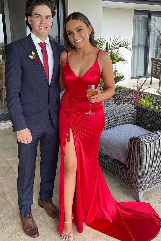 Red Spaghetti Straps Evening Dress with Slit