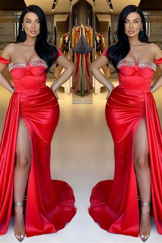Red Split Mermaid Off The Shoulder Beadings Sweetheart Evening Dress Long with Ruffles