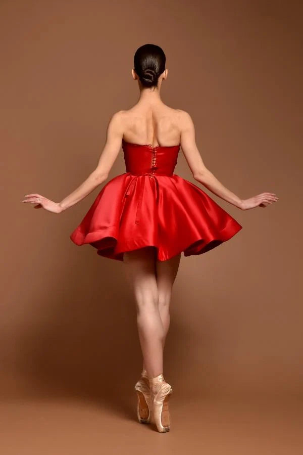 Red Strapless Graduation Dress A Line Satin Short Cocktail Dresses with Bowknot