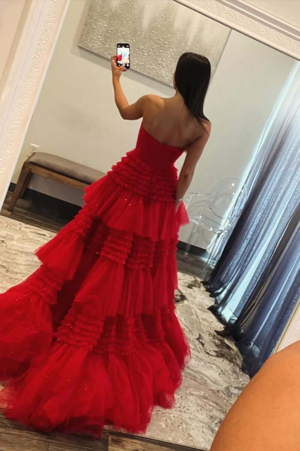 Strapless Prom Dress Tulle Long Tiered Cocktail Dress with Slit