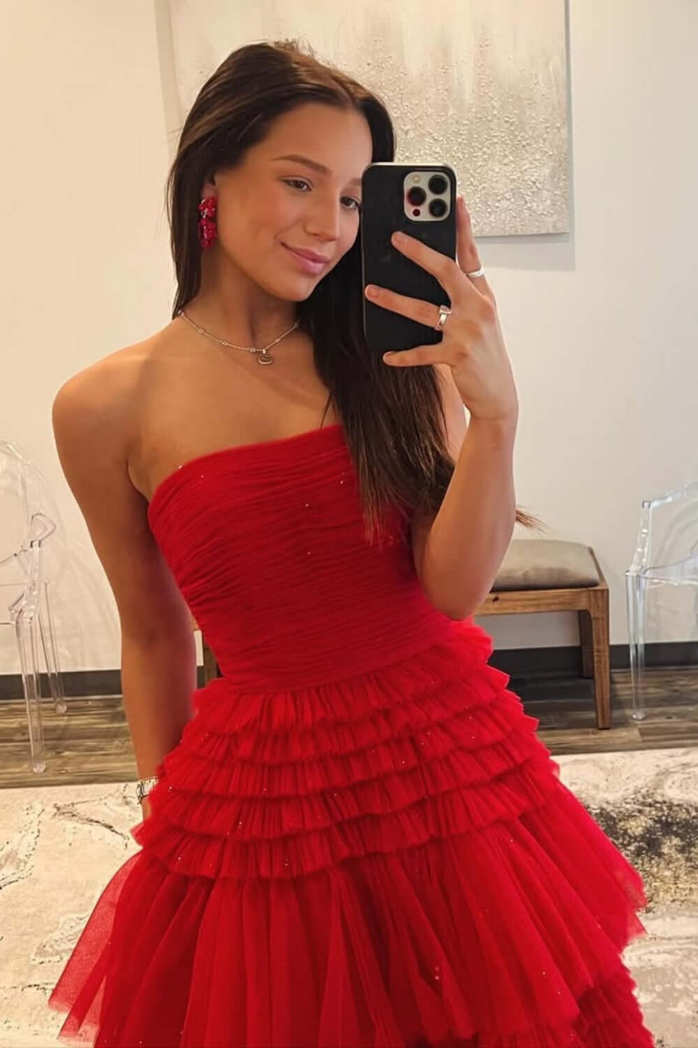 Strapless Prom Dress Tulle Long Tiered Cocktail Dress with Slit