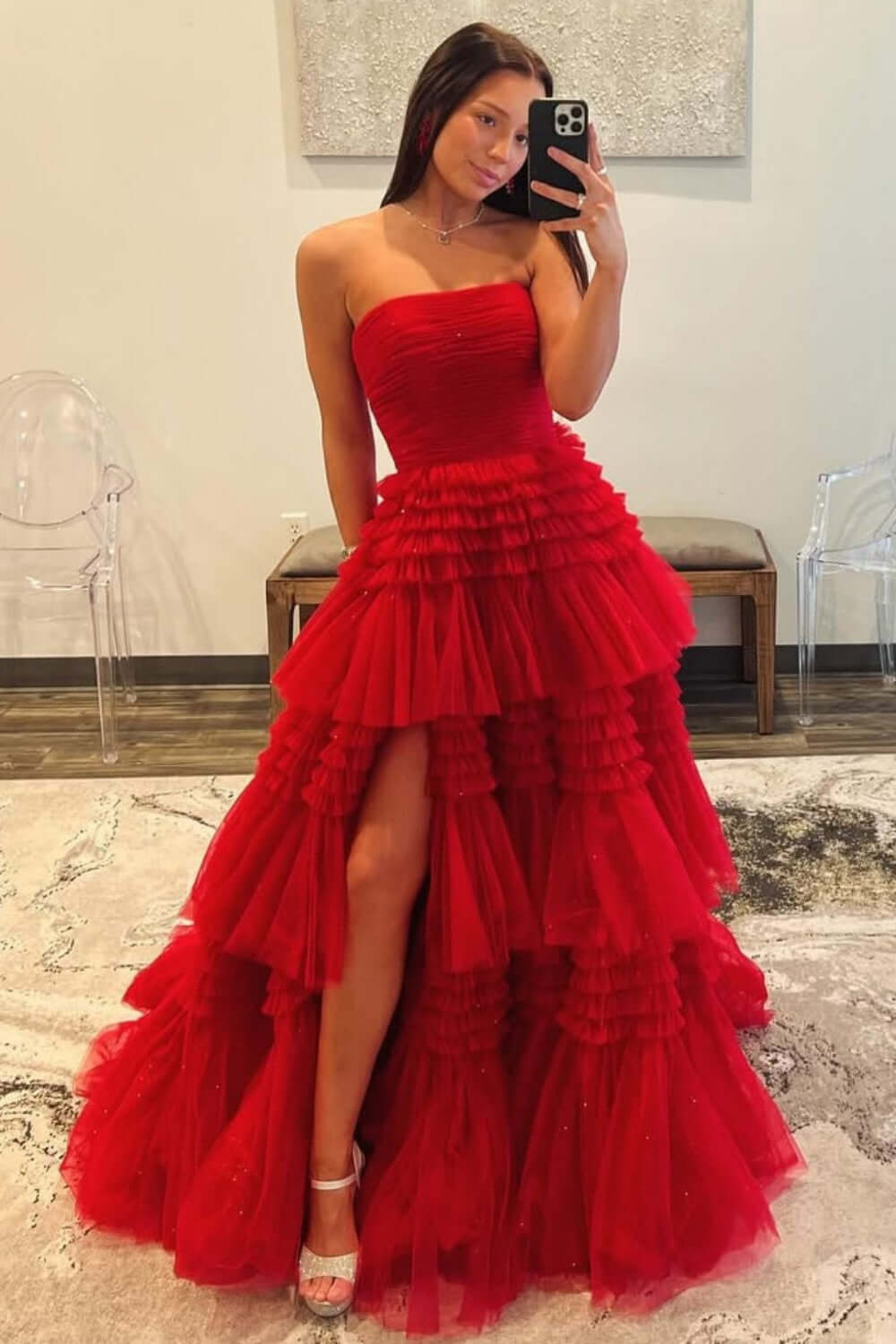 Strapless Prom Dress Tulle Long Tiered Cocktail Dress with Slit
