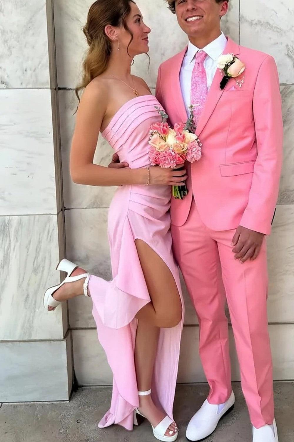 Dreamyannie Red Strapless Ruched Strapless Long Mermaid Prom Dress With High Slit Formal Evening Gown