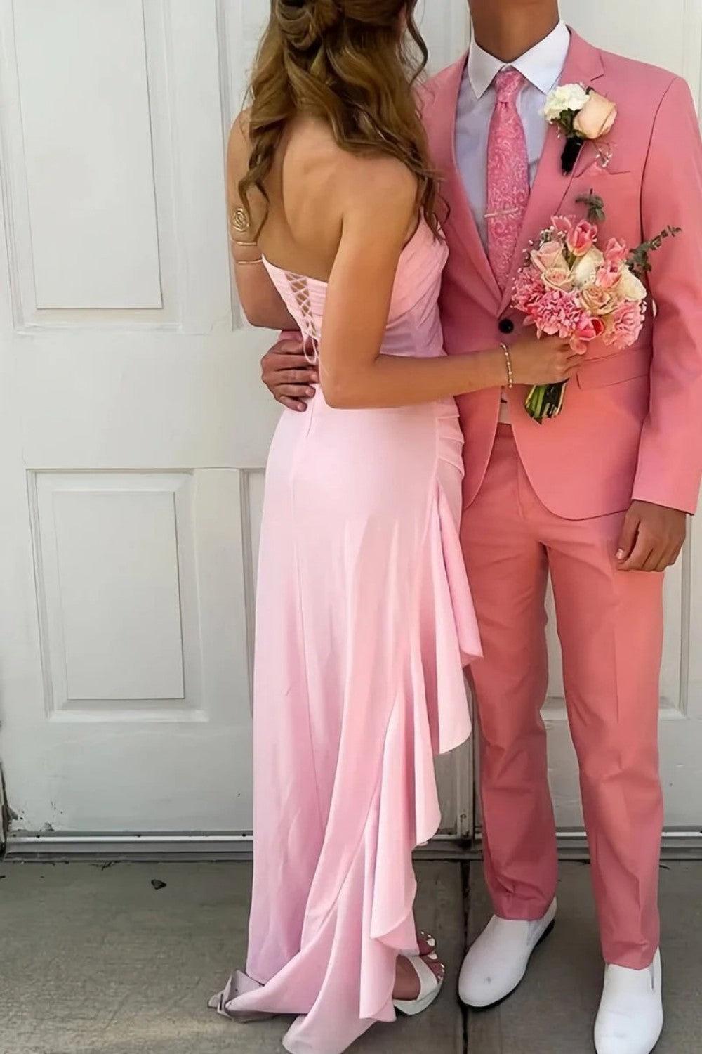 Dreamyannie Red Strapless Ruched Strapless Long Mermaid Prom Dress With High Slit Formal Evening Gown