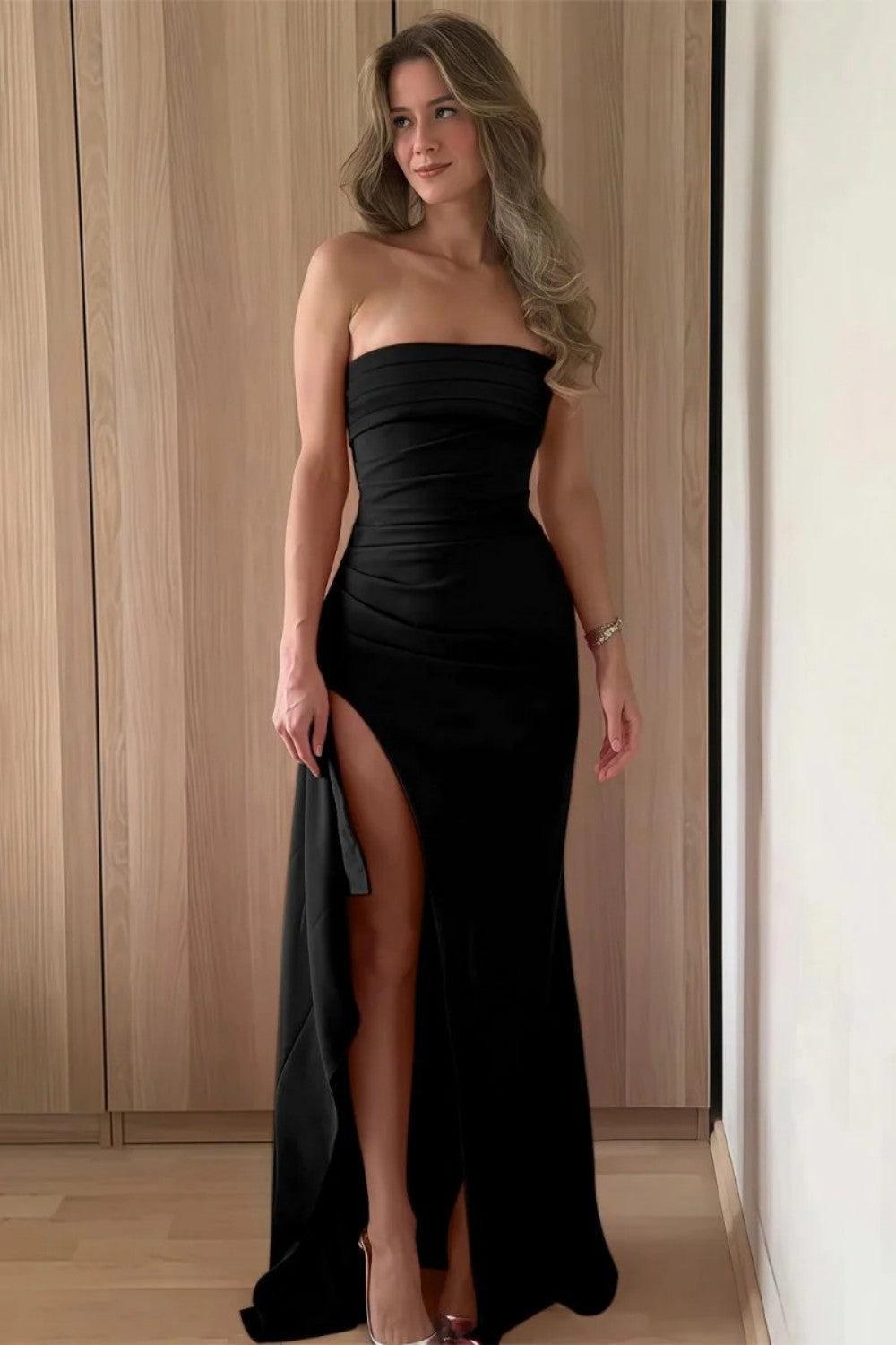 Dreamyannie Red Strapless Ruched Strapless Long Mermaid Prom Dress With High Slit Formal Evening Gown