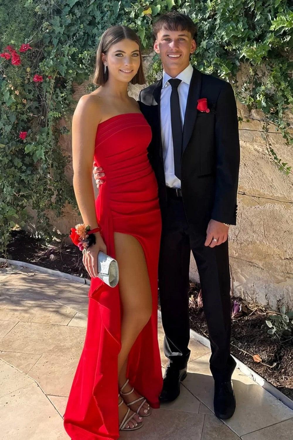 Dreamyannie Red Strapless Ruched Strapless Long Mermaid Prom Dress With High Slit Formal Evening Gown