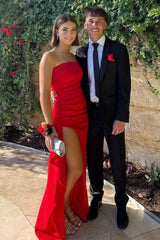 Dreamyannie Red Strapless Ruched Strapless Long Mermaid Prom Dress With High Slit Formal Evening Gown