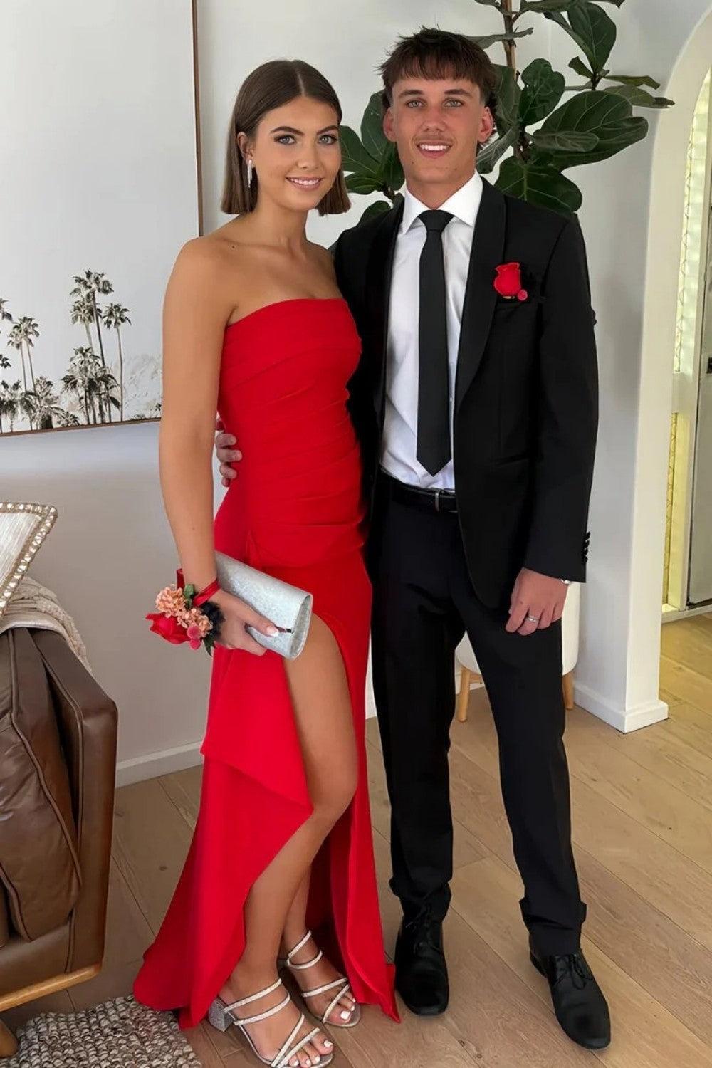 Dreamyannie Red Strapless Ruched Strapless Long Mermaid Prom Dress With High Slit Formal Evening Gown