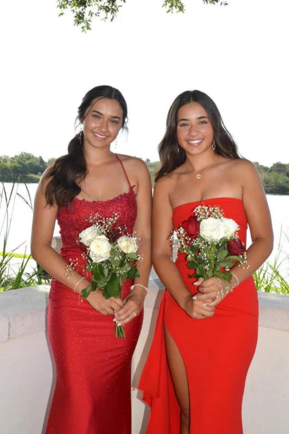 Dreamyannie Red Strapless Ruched Strapless Long Mermaid Prom Dress With High Slit Formal Evening Gown