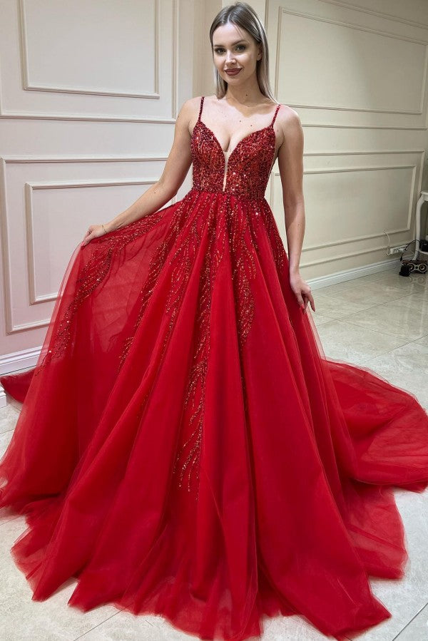 Red Tulle A Line Prom Dress with Sequin Vines and Open Back