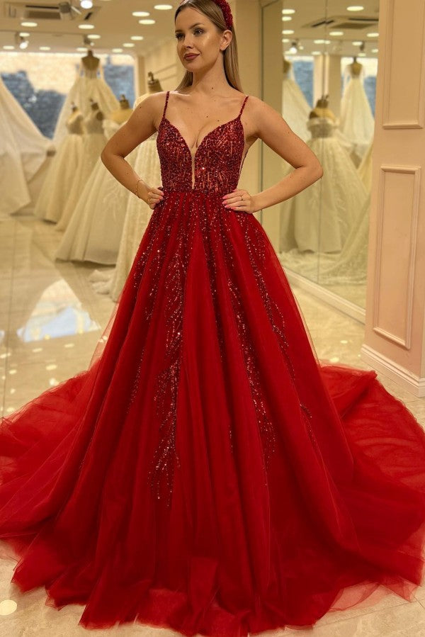 Red Tulle A Line Prom Dress with Sequin Vines and Open Back
