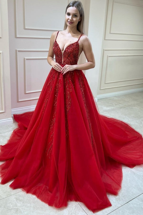 Red Tulle A Line Prom Dress with Sequin Vines and Open Back