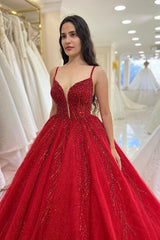 Red Tulle Ball Gown Wedding Dress with Beaded Bodice and Spaghetti Straps
