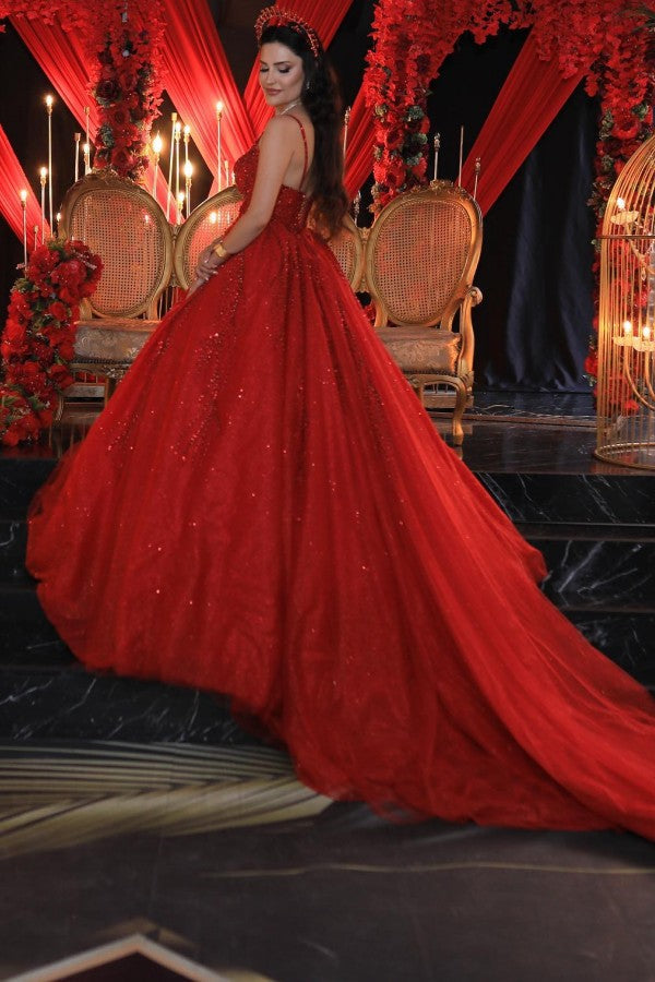 Red Tulle Ball Gown Wedding Dress with Beaded Bodice and Spaghetti Straps