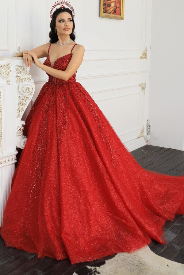 Red Tulle Ball Gown Wedding Dress with Beaded Bodice and Spaghetti Straps