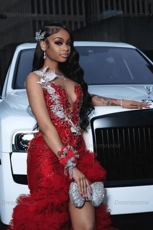 Red Tulle Prom Dress Ruffled Sequined V Neck Formal Evening Gown with 3D Flowers
