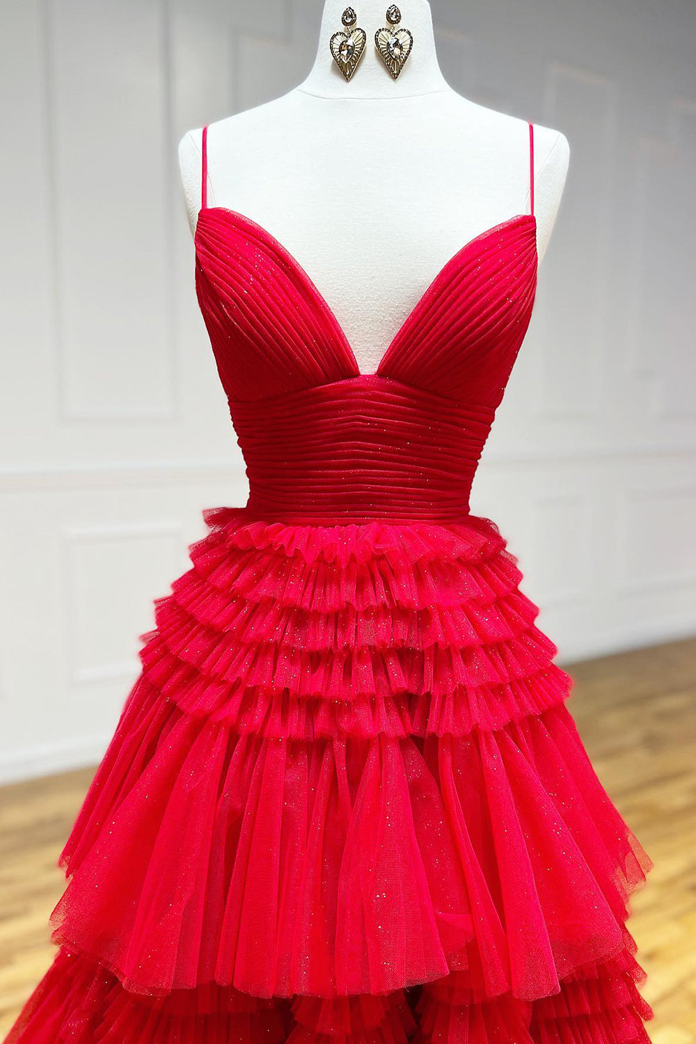 Red Tulle Spaghetti Straps Long Prom Dress