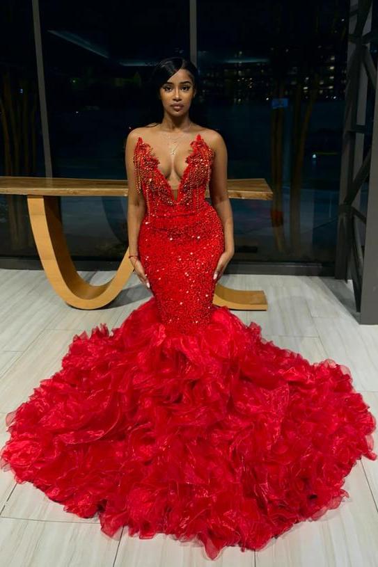 red strapless mermaid prom dress Lace-Up Strapless Long Prom Dress: La Femme 32872 Red / 00
