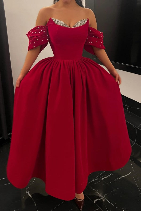Red Velvet A Line Prom Dress with Crystal Sweetheart and Off Shoulder Sleeves