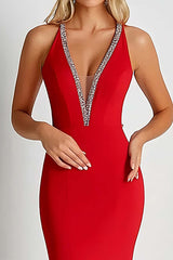 Red Wedding Guest Dress Deep V-Neck Sheath Long Formal Dress With Beading